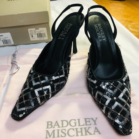 Badgley Mischika Black Heels With Beads and Sequin - Picture 2 of 12